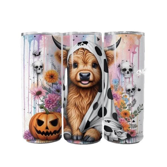 Handmade Other - Highland Cow Halloween Skull Pumpkin Tumbler 20oz Skinny Tumblr Travel Cup